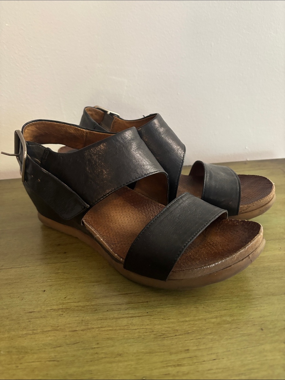 Miz Mooz Black Leather Casual Wedge Sandals